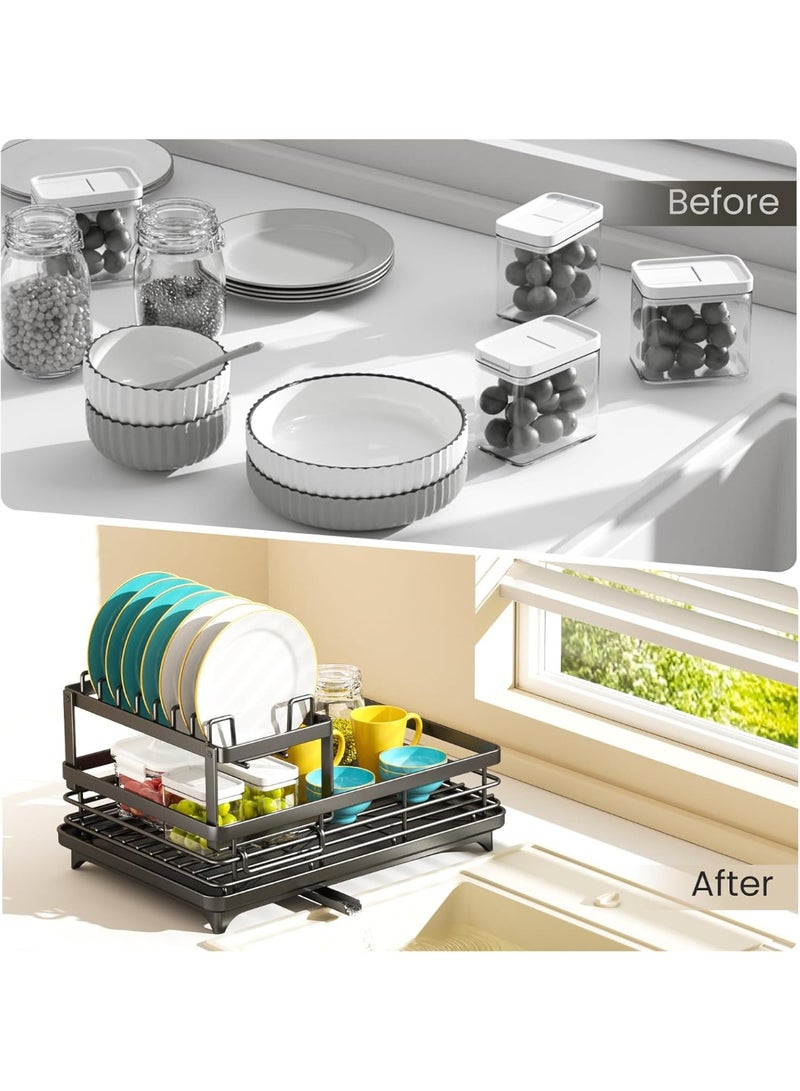 إينابايت رف تجفيف الأطباق المقاوم للصدأ مزدوج الطبقات الأسود، قابل للتعديل والإزالة لتوفير المساحة على منضدةحوض المطبخ - Image 5